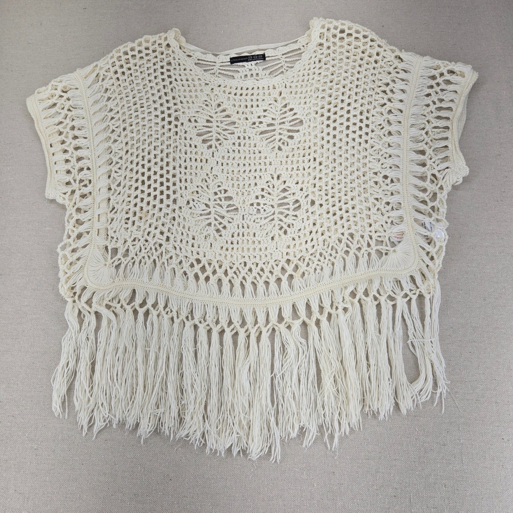 Cream Crochet Fringe Poncho 🐚 Coastal Cowgirl Summer Top Size XS